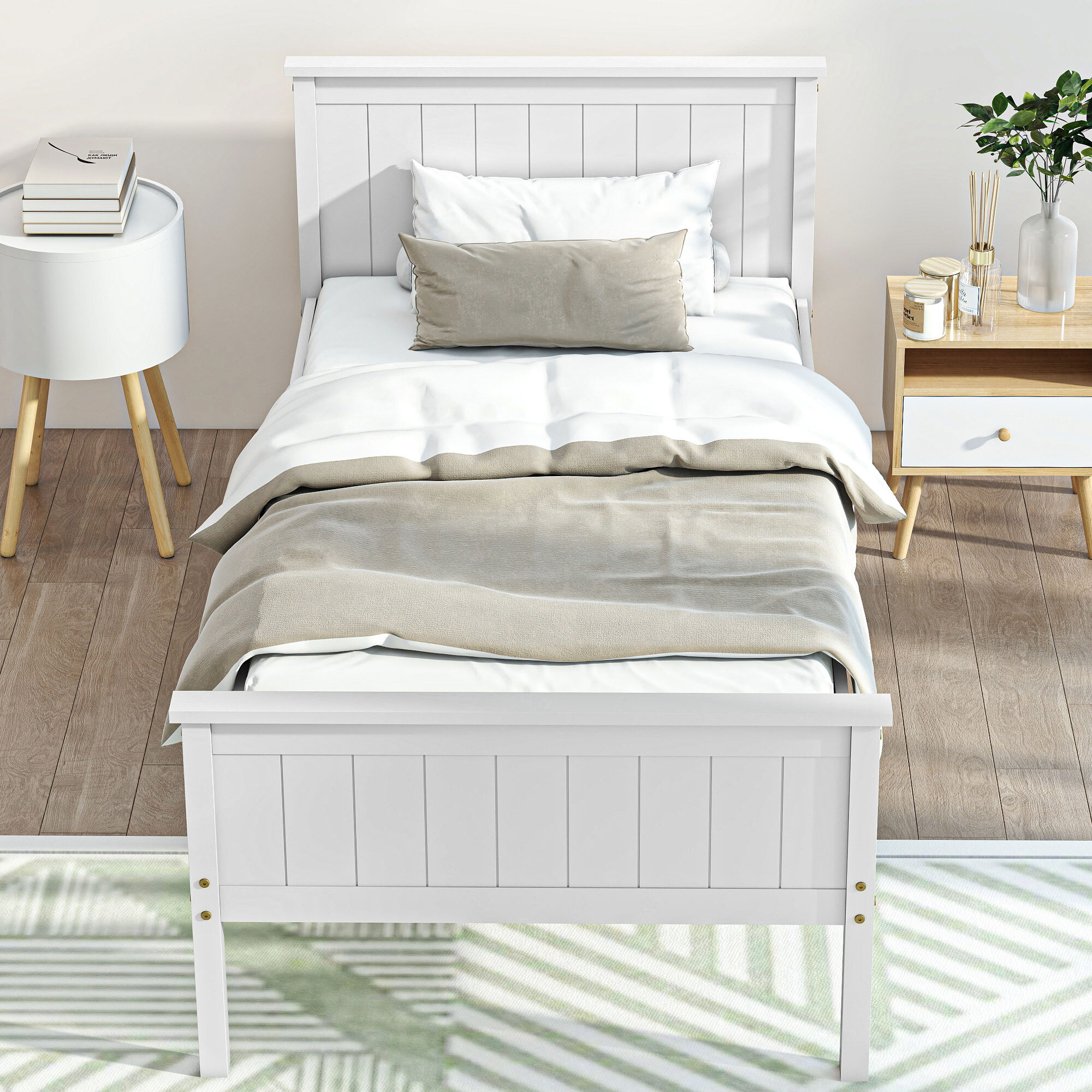 Lit simple bois de pin blanc rainuré - tête de lit, pied de lit et sommier - 210L x 98l x 82H cm - compatible matelas 200L x 140l cm