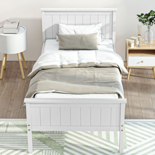 Lit simple bois de pin blanc rainuré - tête de lit, pied de lit et sommier - 210L x 98l x 82H cm - compatible matelas 200L x 140l cm
