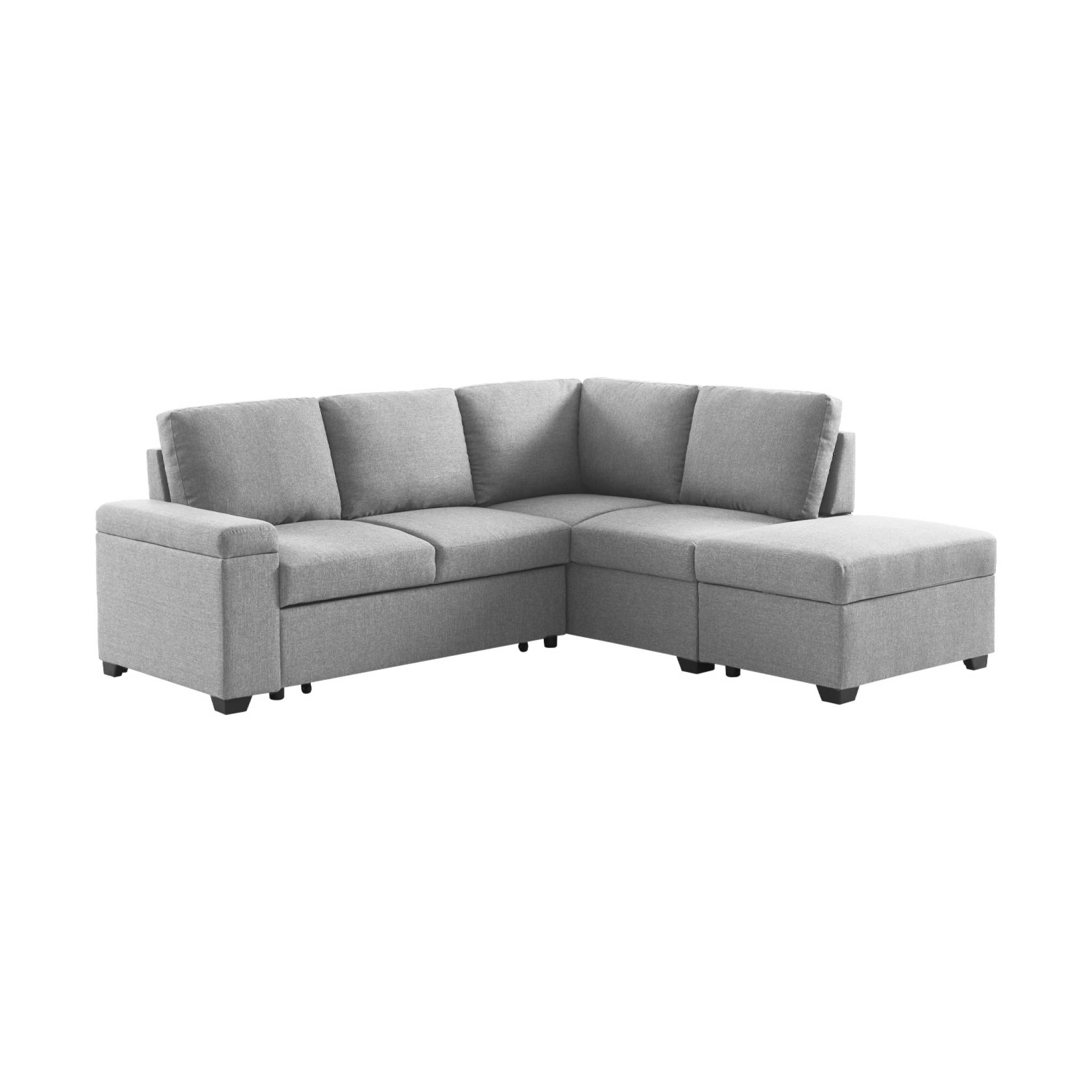 Canapé d'angle convertible. 3 places en tissu gris clair avec pouf