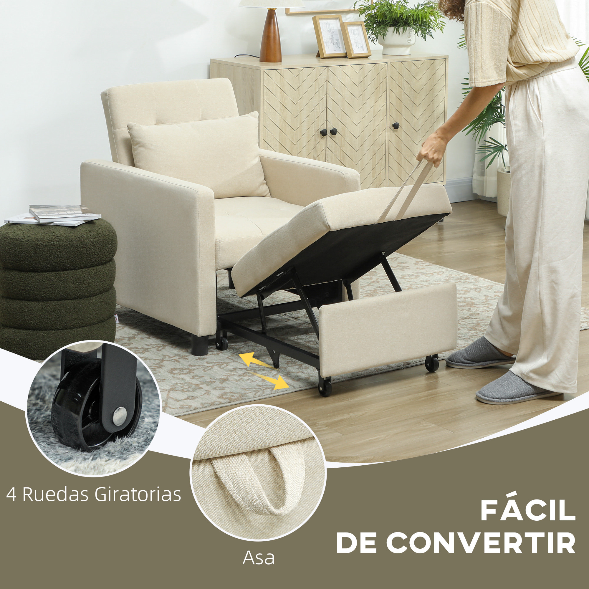 Sofá Cama de 1 Plaza 3 en 1, Sillón Cama Tapizado en Lino, con Respaldo Ajustable de 3 Niveles, Almohada Acolchada, para Oficina, Dormitorio, Salón, 69x82,5x84 cm, Beige