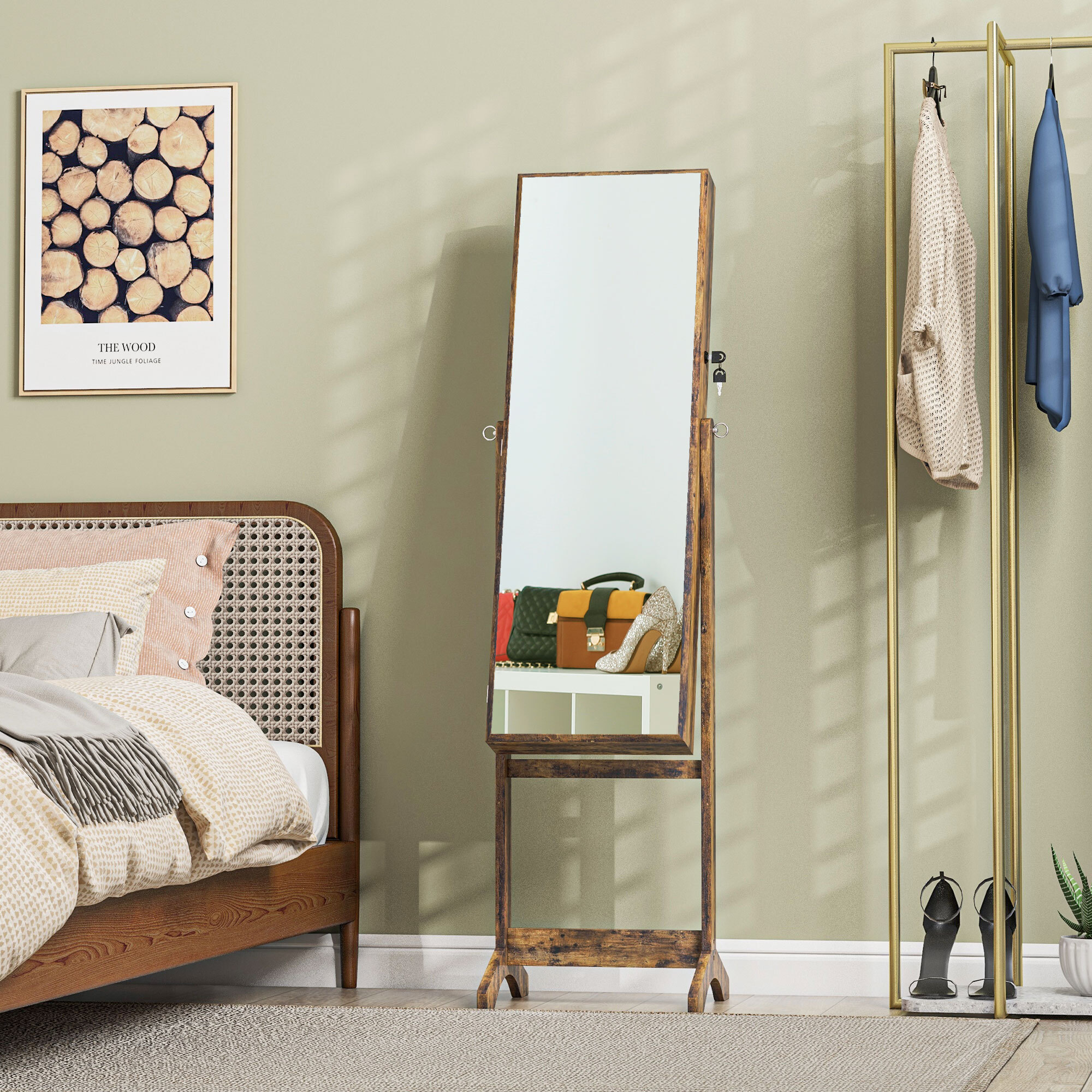 Espejo Joyero de Pie Armario de Joyería con 3 Ángulos Ajustables Cerradura Magnética Organizador de Joyas con Estantes Ranuras para Pendientes Anillos Collares 46x36,5x151,5 cm Marrón Rústico