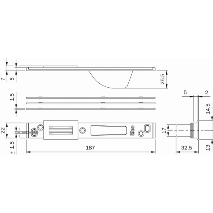 Gâche réglable centrale Multiblindo ISEO - bascule/crochet - Inox - 187x22x7 - 038079