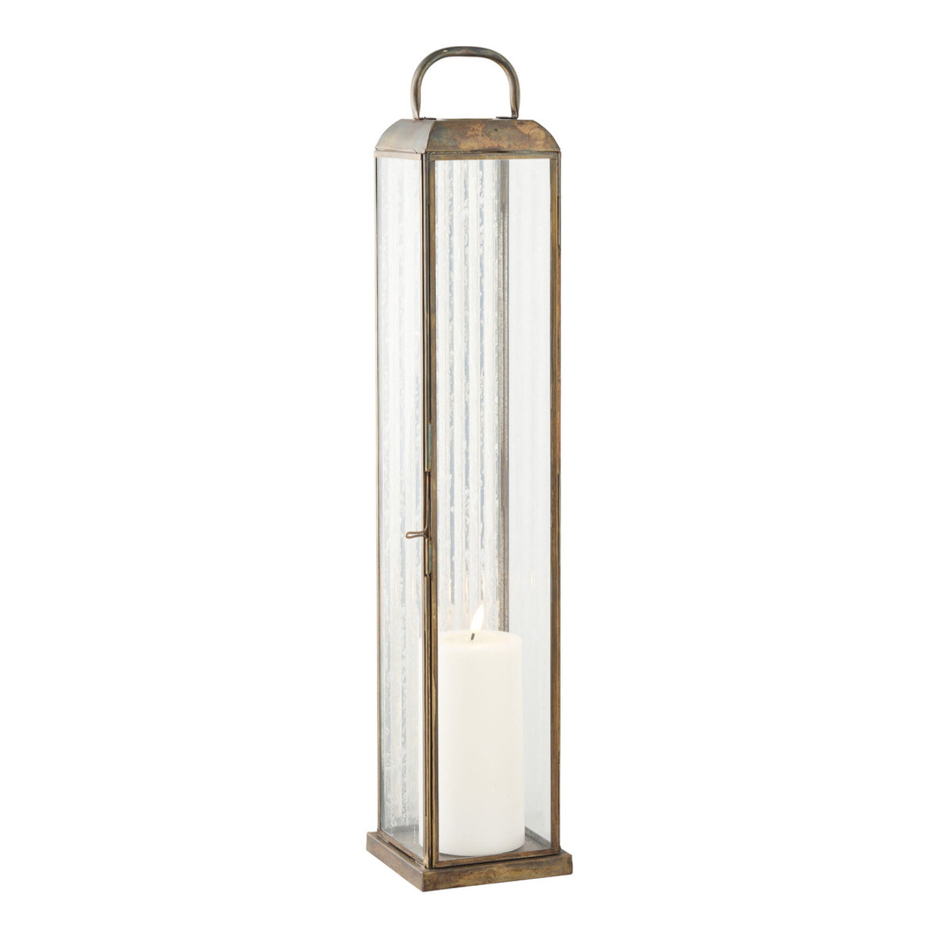 Lanterna alta Herslev in vetro e metallo effetto ottone antico 12x12x60 cm