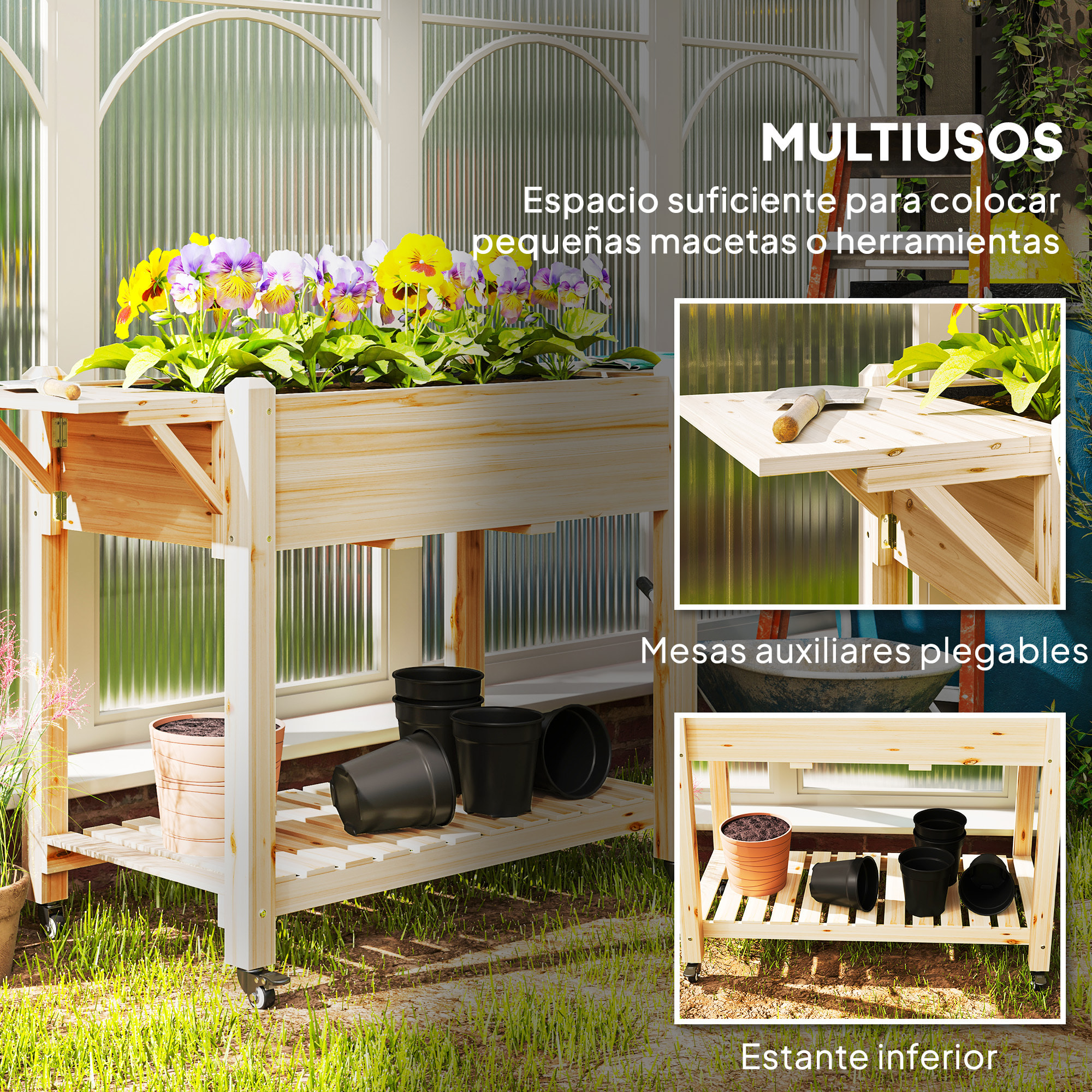 Huerto Urbano de Madera Mesa de Cultivo con Ruedas Estante y Repisas Plegables Jardinera Elevada para Cultivo Flores Vegetales en Jardín Terraza 145x52x86 cm Natural