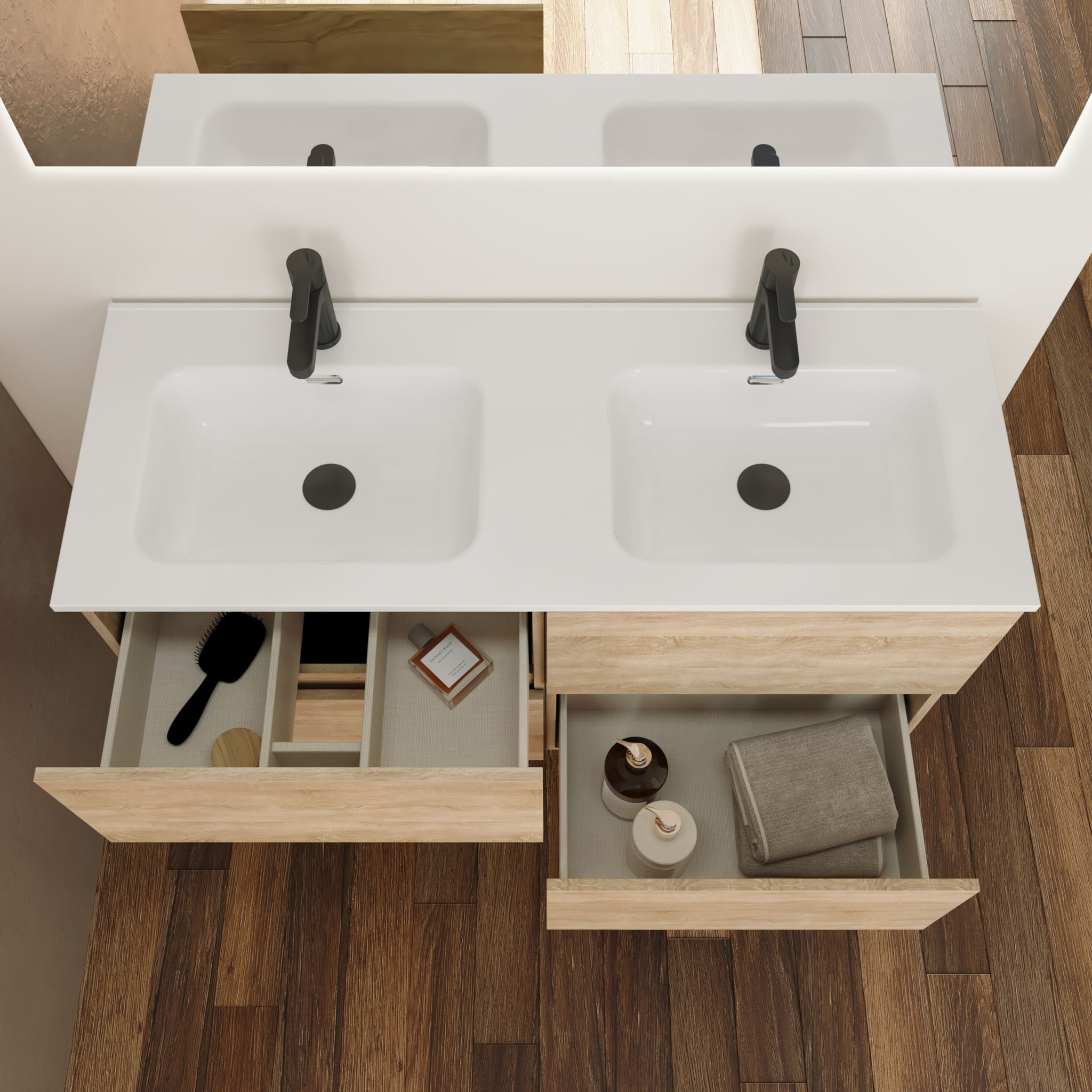 Conjunto de Baño Kaji | Mueble de Baño Suspendido | 140 cm Bardolino | Cuatro Cajones | Lavabo Encastrado | No incluye Espejo | Alday