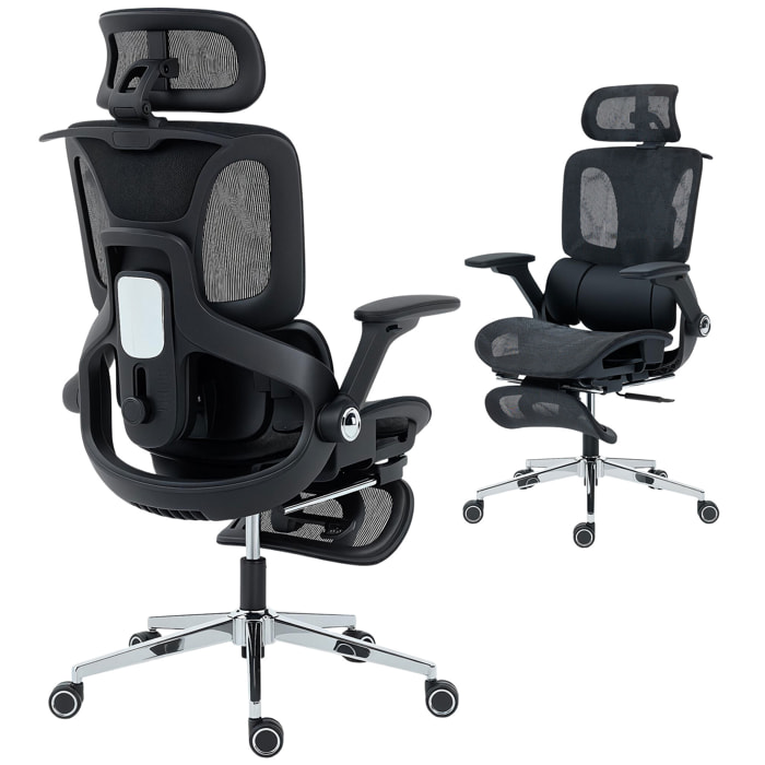 Silla de Escritorio Ergonómica con Reposapiés, Silla de Oficina Giratoria, con Respaldo Reclinable y Alto, Soporte Lumbar, Malla Transpirable, Reposabrazos 4D y Reposacabezas Ajustable, Ruedas