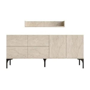 SPRING - Buffet effet travertin 180 cm 6 portes et étagère