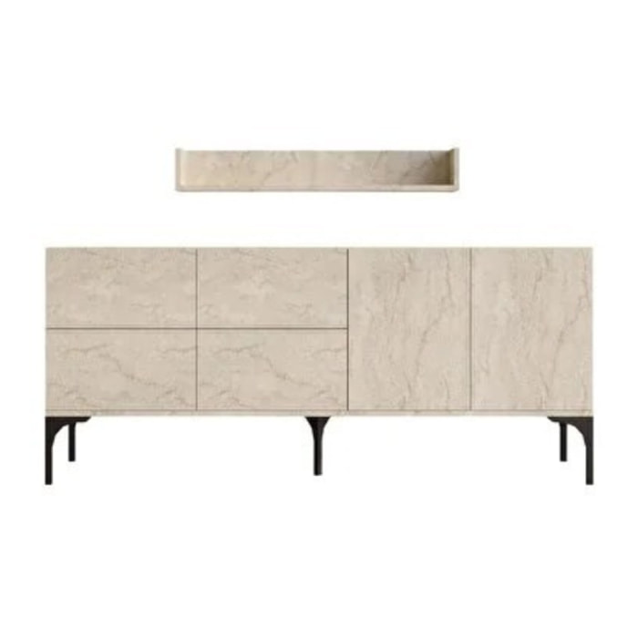 SPRING - Buffet effet travertin 180 cm 6 portes et étagère