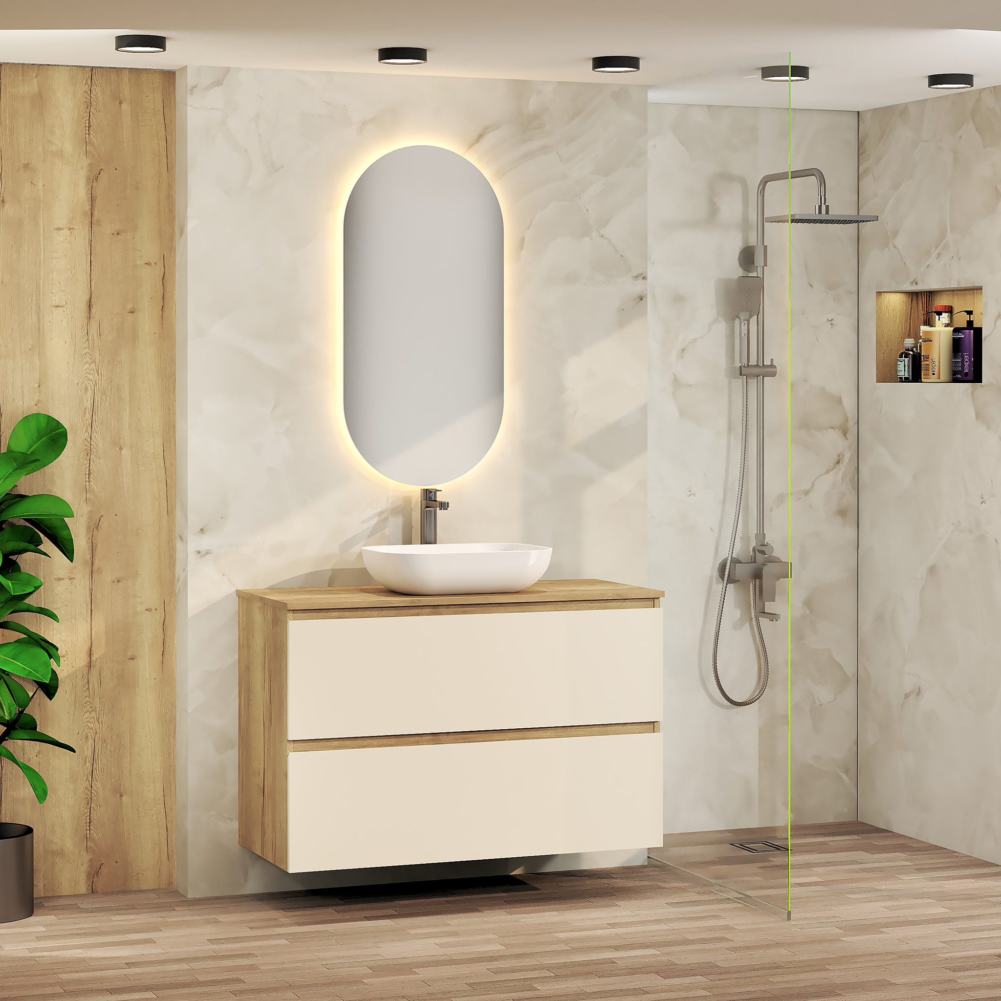 ENSEMBLE DE SALLE DE BAIN NIA | MEUBLE SUSPENDU | 100 CM GLACIER | DEUX TIROIRS |LAVABO SUR PLAN | MIROIR NON INCLUS | MEUBLE MONTÉ | ALDAY