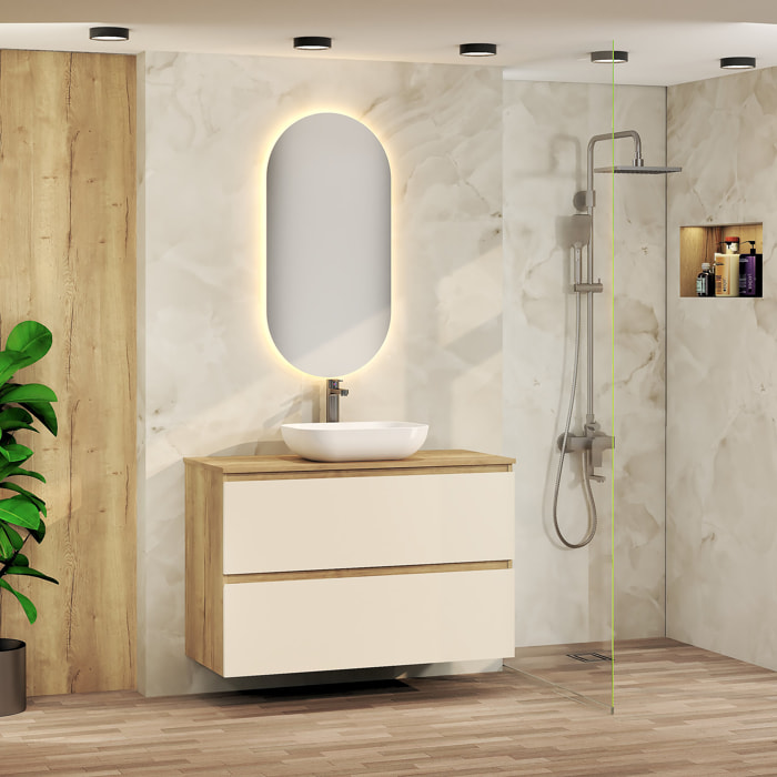 ENSEMBLE DE SALLE DE BAIN NIA | MEUBLE SUSPENDU | 100 CM GLACIER | DEUX TIROIRS |LAVABO SUR PLAN | MIROIR NON INCLUS | MEUBLE MONTÉ | ALDAY