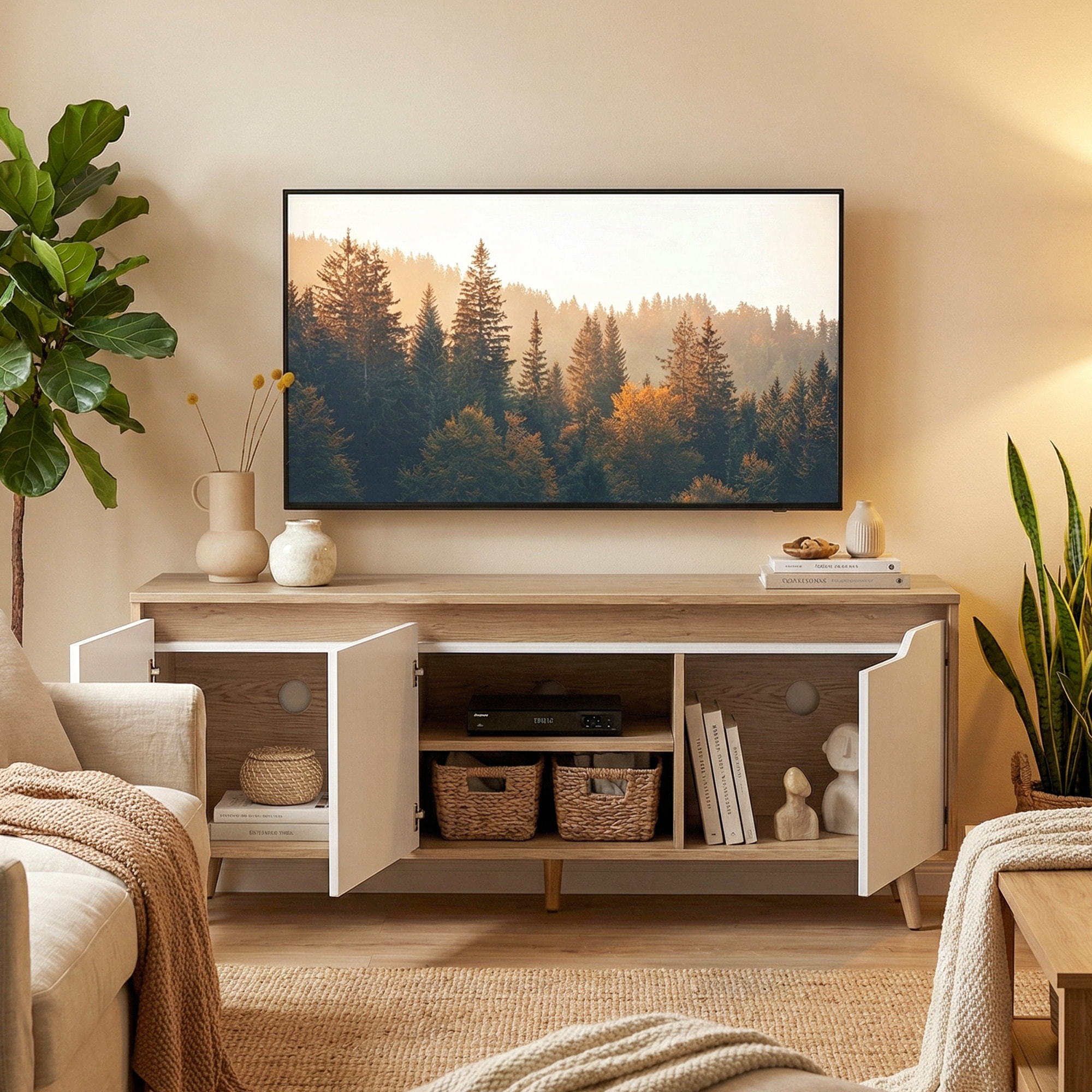 Mueble de TV, Mesa de TV para Salón, con 3 Puertas, para Televisión de 55 Pulgadas, Estilo Moderno, 120x35x45,5 cm, Roble y Blanco