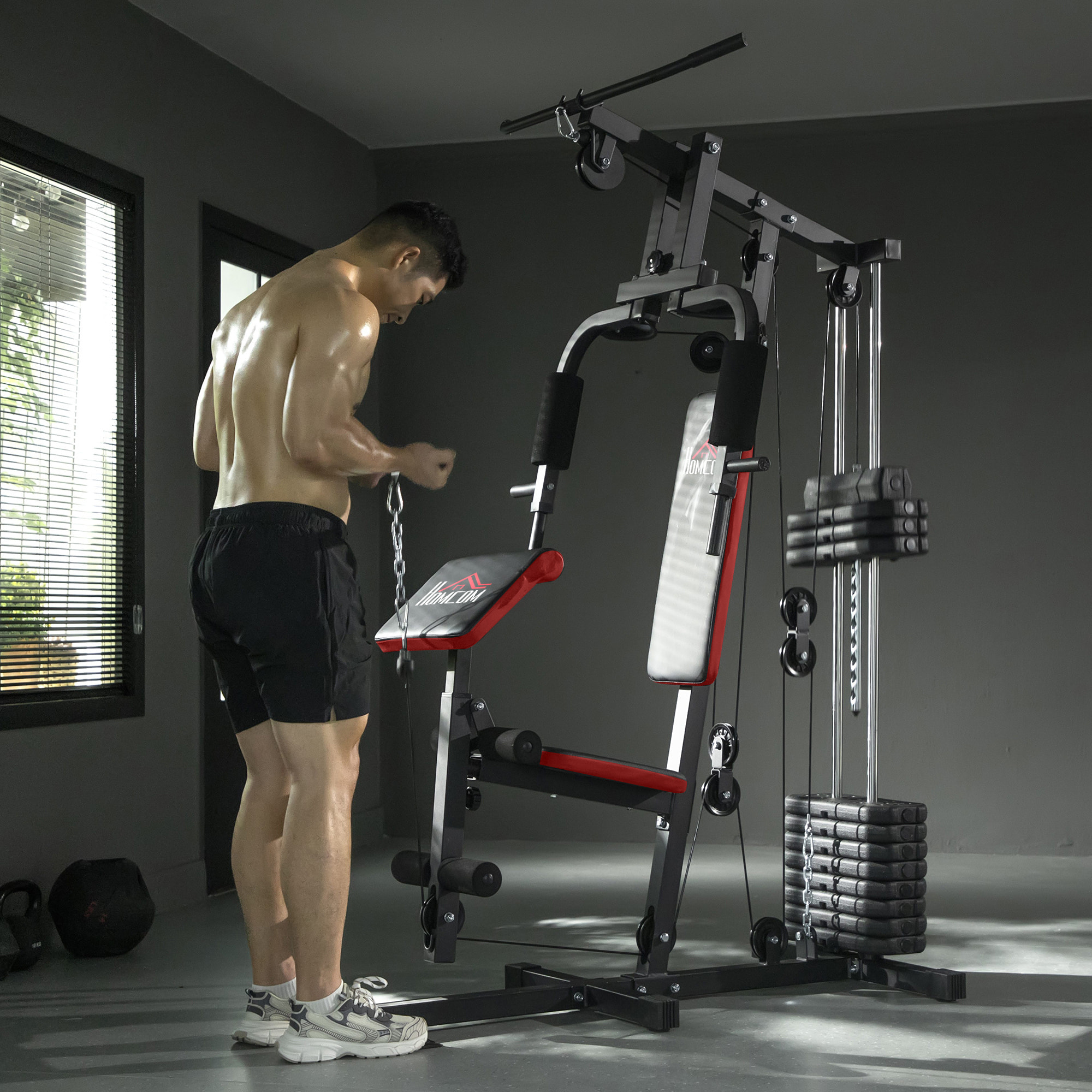 Multiestación Musculación, Máquina de Musculación con Prensa de Pecho, Placas de Peso de 65 kg, Curl de Piernas y Brazos, Polea Mariposa, Carga 100 kg, para Entrenamiento Casa Gimnasio, Negro