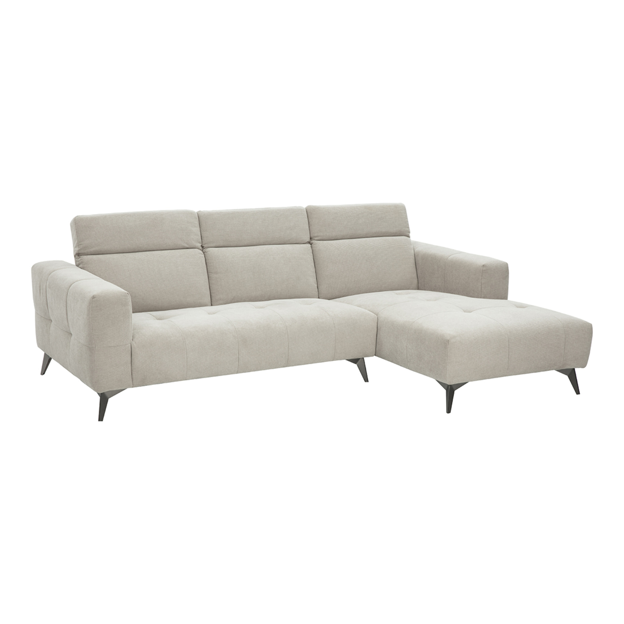 Canapé d'angle droit 3 places avec têtières ajustables en tissu chenille beige et métal NORELL