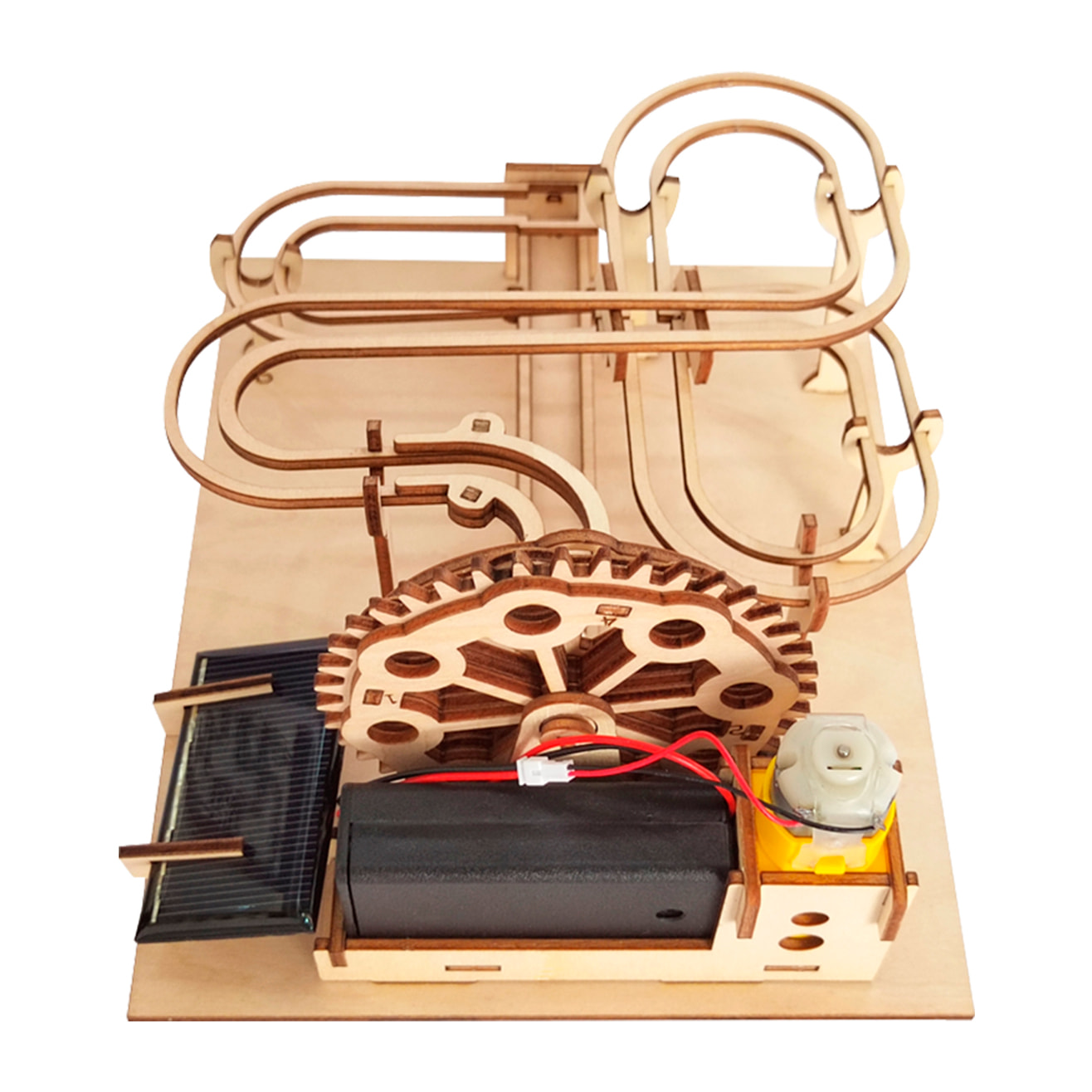 Maqueta de Madera 3D, con movimiento mecánico diseño de Pista de bolas con panel Solar.