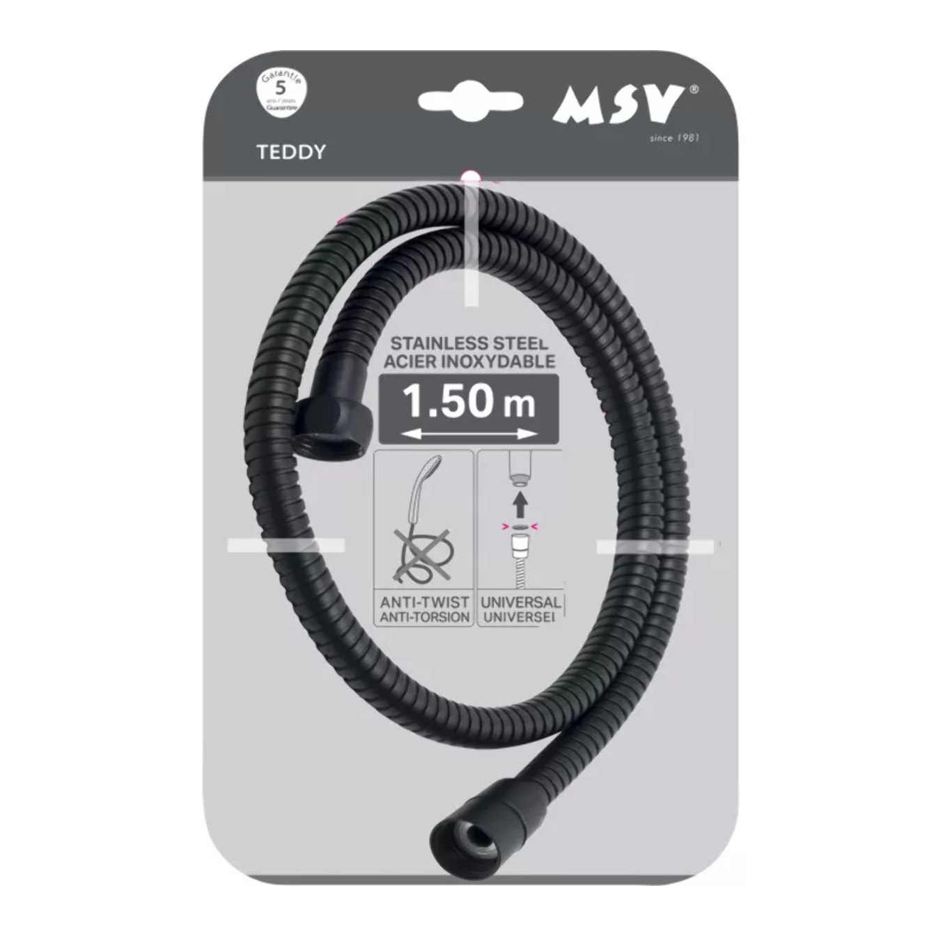 Flexible de douche MSV Teddy 1,50 m Ø14 mm – Double verrouillage anti-torsion – Noir mat