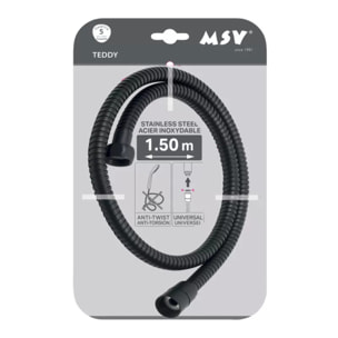 Flexible de douche MSV Teddy 1,50 m Ø14 mm – Double verrouillage anti-torsion – Noir mat