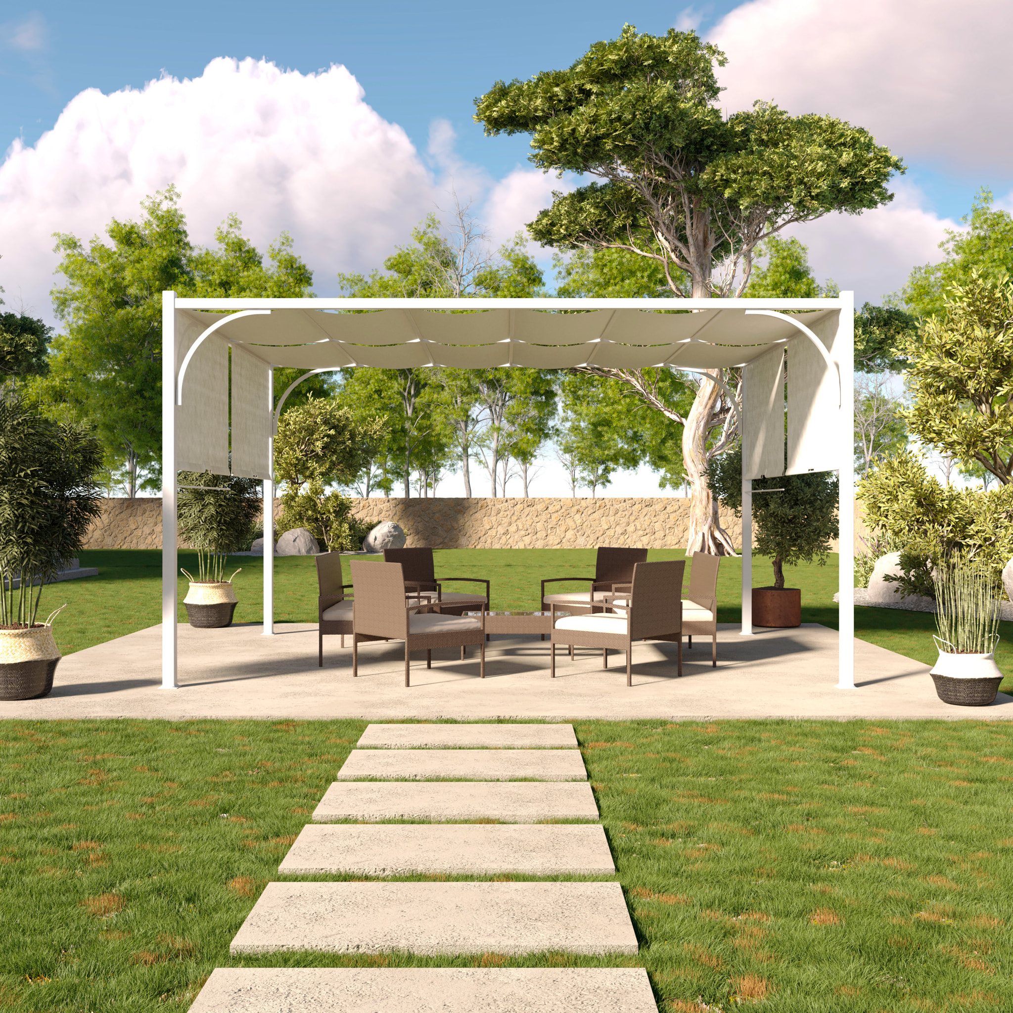 Gazebo Pergola 3x4 M Pergolato Tetto Scorrevole Telo Bianco Impermeabile Retrattile Richiudibile Struttura Bianca Acciaio Giardino Terrazzo Piscina