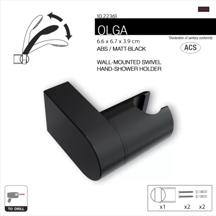 Support mural orientable pour pommeau de douche noir matt – Réglable – Olga ABS