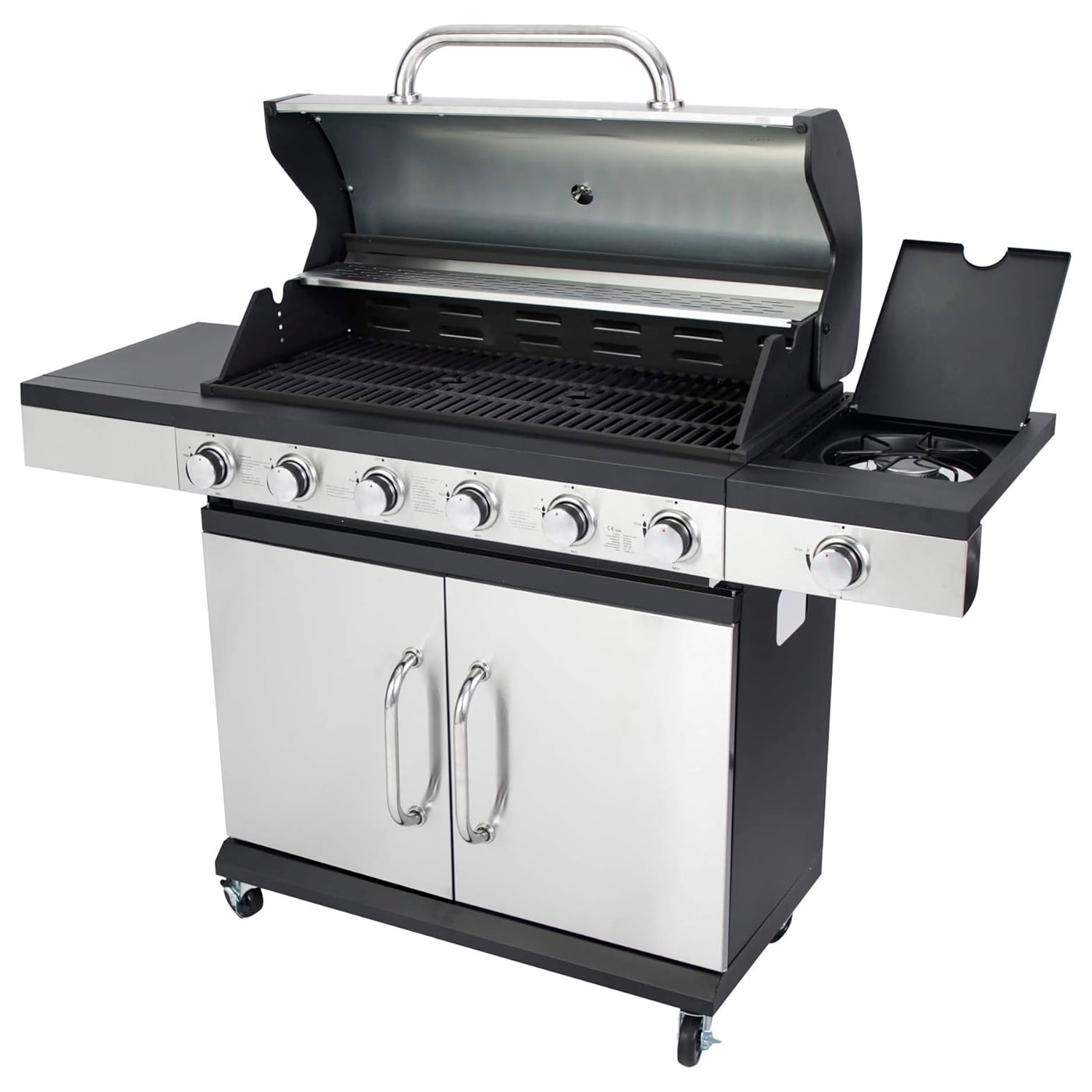 Barbecue a gas con 6+1 bruciatori e termometro integrato.