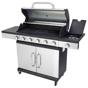 Barbecue a gas con 6+1 bruciatori e termometro integrato.