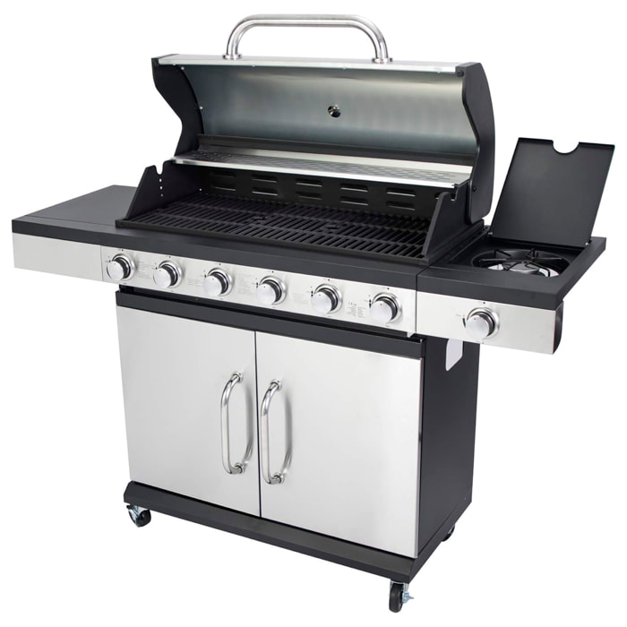 Barbecue a gas con 6+1 bruciatori e termometro integrato.