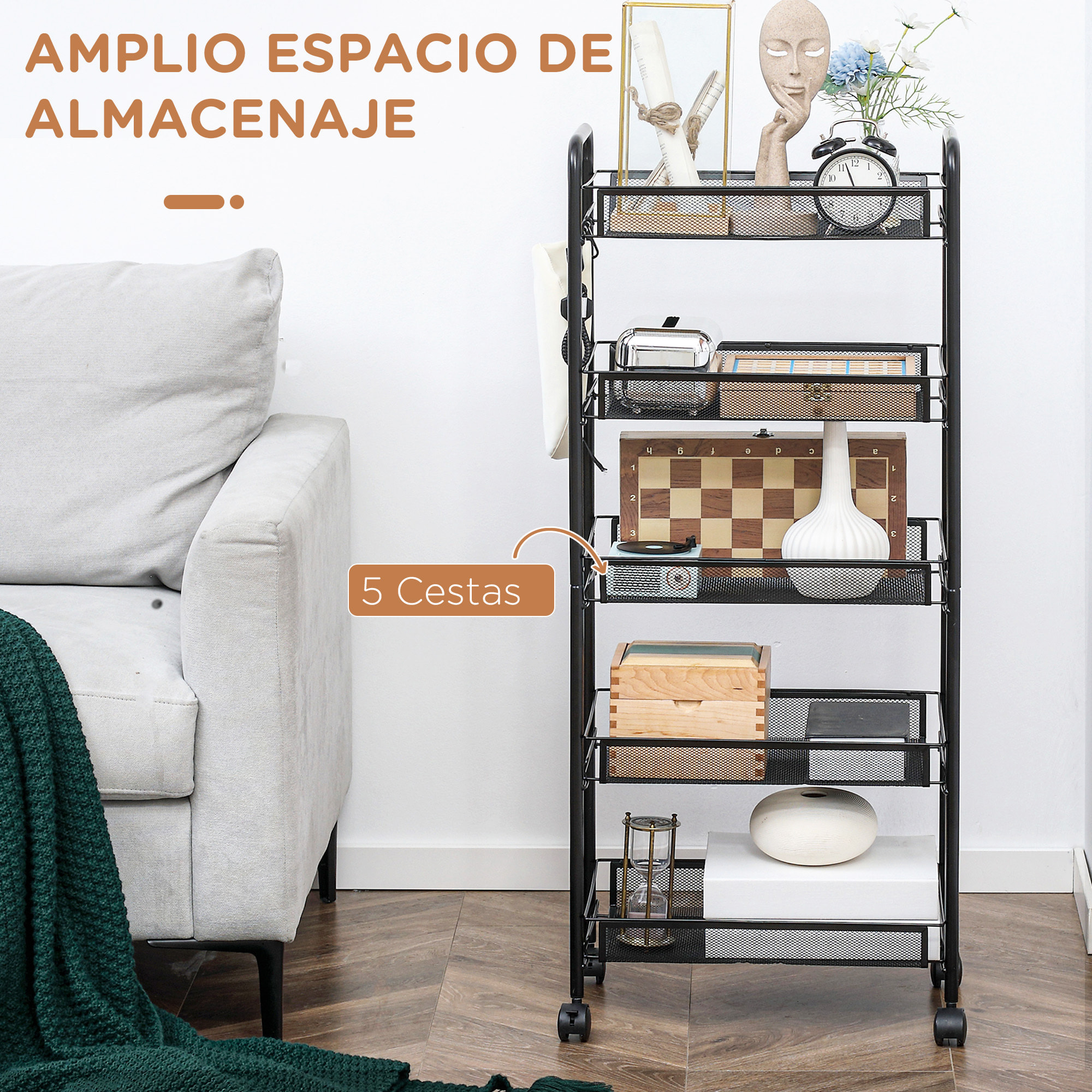 Carrito Auxiliar con Ruedas Carrito de Cocina de 5 Niveles con Cestas de Malla Extraíbles y Marco de Acero para Salón Baño Comedor Oficina 45x26,5x106 cm Negro