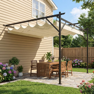 Pérgola de Pared de Jardín 3x3 m, Cenador de Jardín con Techo Retráctil, Protección UPF30+, Orificios de Drenaje y Estructura Metálica, Pabellón para Patio, Terraza, Exterior, Blanco Crema