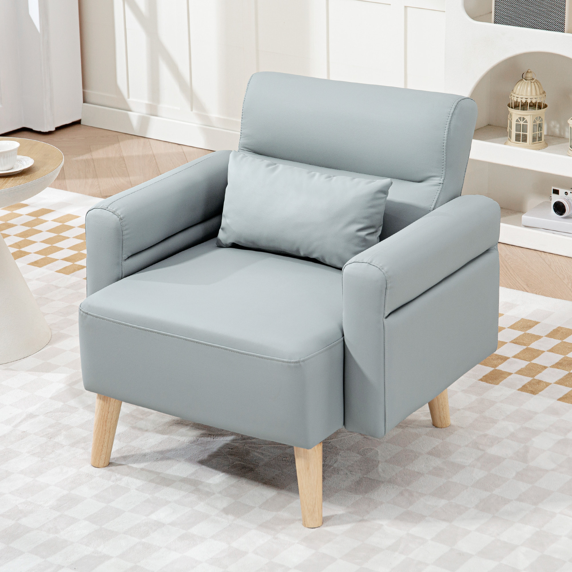 Sofá de 1 Plaza Tapizado en Cuero Sintético Sofá de Salón de 77 cm con Reposabrazos Acolchado Grueso Respaldo Acanalado y Patas de Madera para Dormitorio Sala de Estar Gris