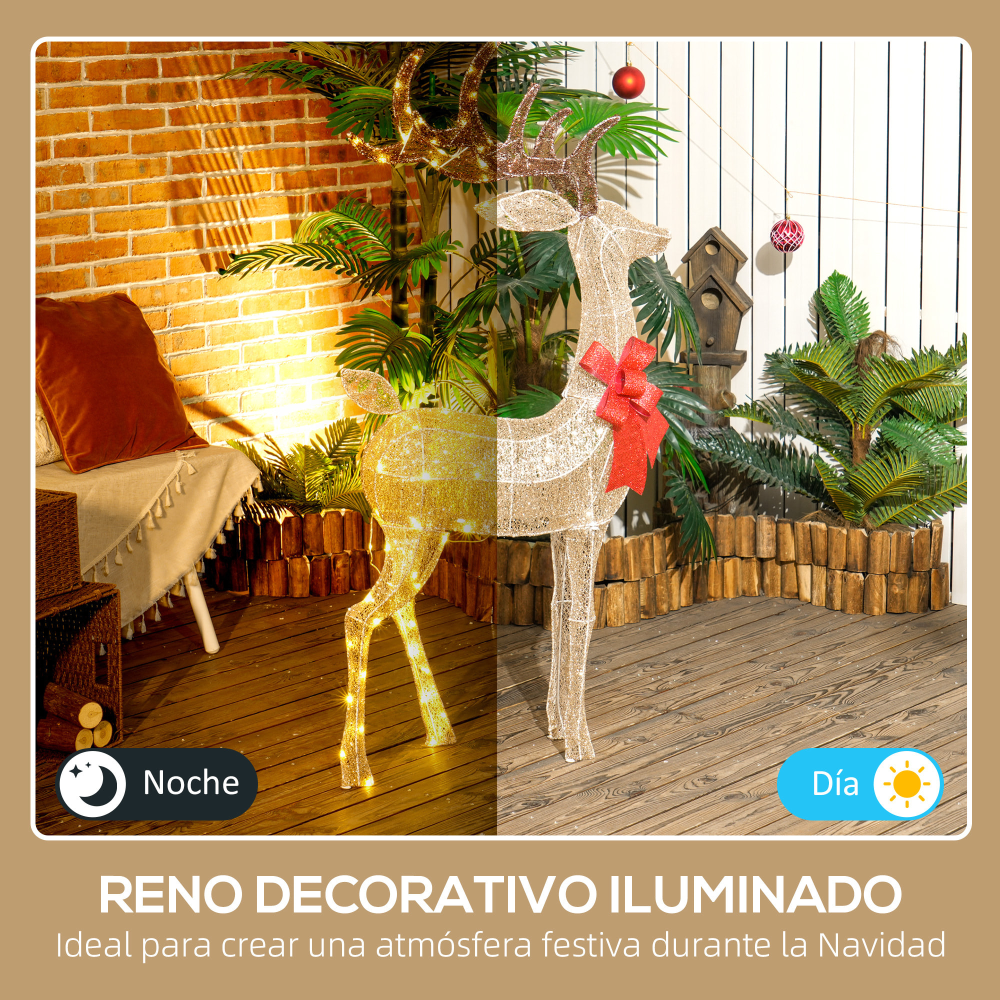 Reno Luminoso de Navidad, Decoración de Navidad con 137 LED Blanco Cálido, Illuminación Navideña para Interior, Exterior y Jardín, Dorado