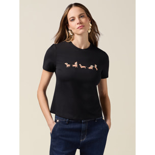 Oltre - Camiseta con estampado y aplicaciones - Negro