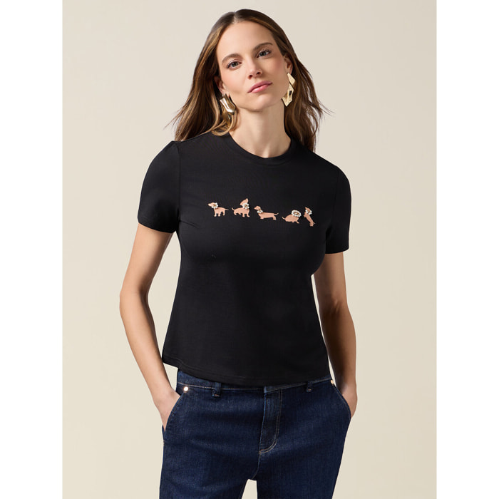 Oltre - Camiseta con estampado y aplicaciones - Negro