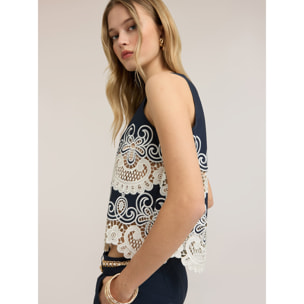 Motivi - Top in popeline con pizzo sangallo - Blu