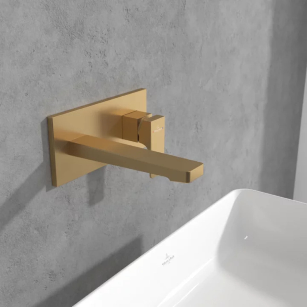 Mitigeur lavabo mural VILLEROY ET BOCH Architectura Square avec vidage Push Open Brushed Gold + corps encastré
