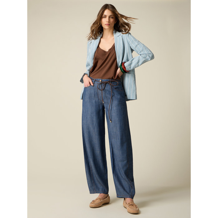 Oltre - Pantalones barrel efecto denim - Azul