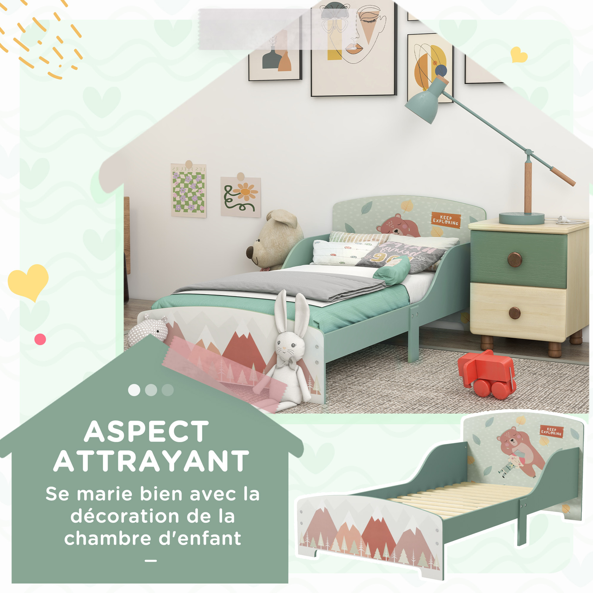 Lit pour enfant 3-6 ans design mountain adventure - sommier à lattes inclus - barrières de sécurité - vert