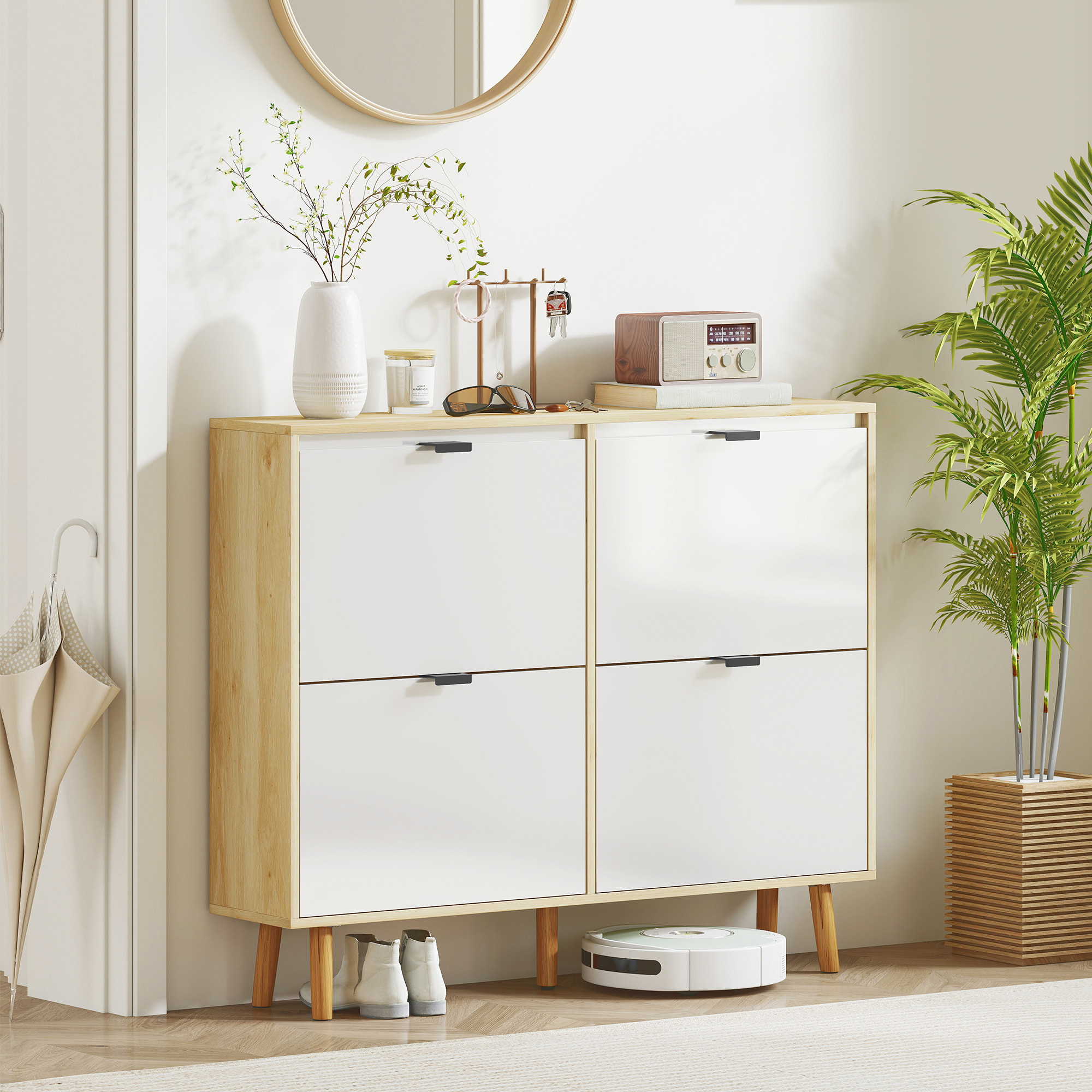 Zapatero Estrecho con 4 Puertas en Blanco Brillo, Zapatero Entrada Recibidor con Estantes Ajustables Patas de Madera, para 20 Pares de Zapatos, 105x24x92,5 cm Blanco