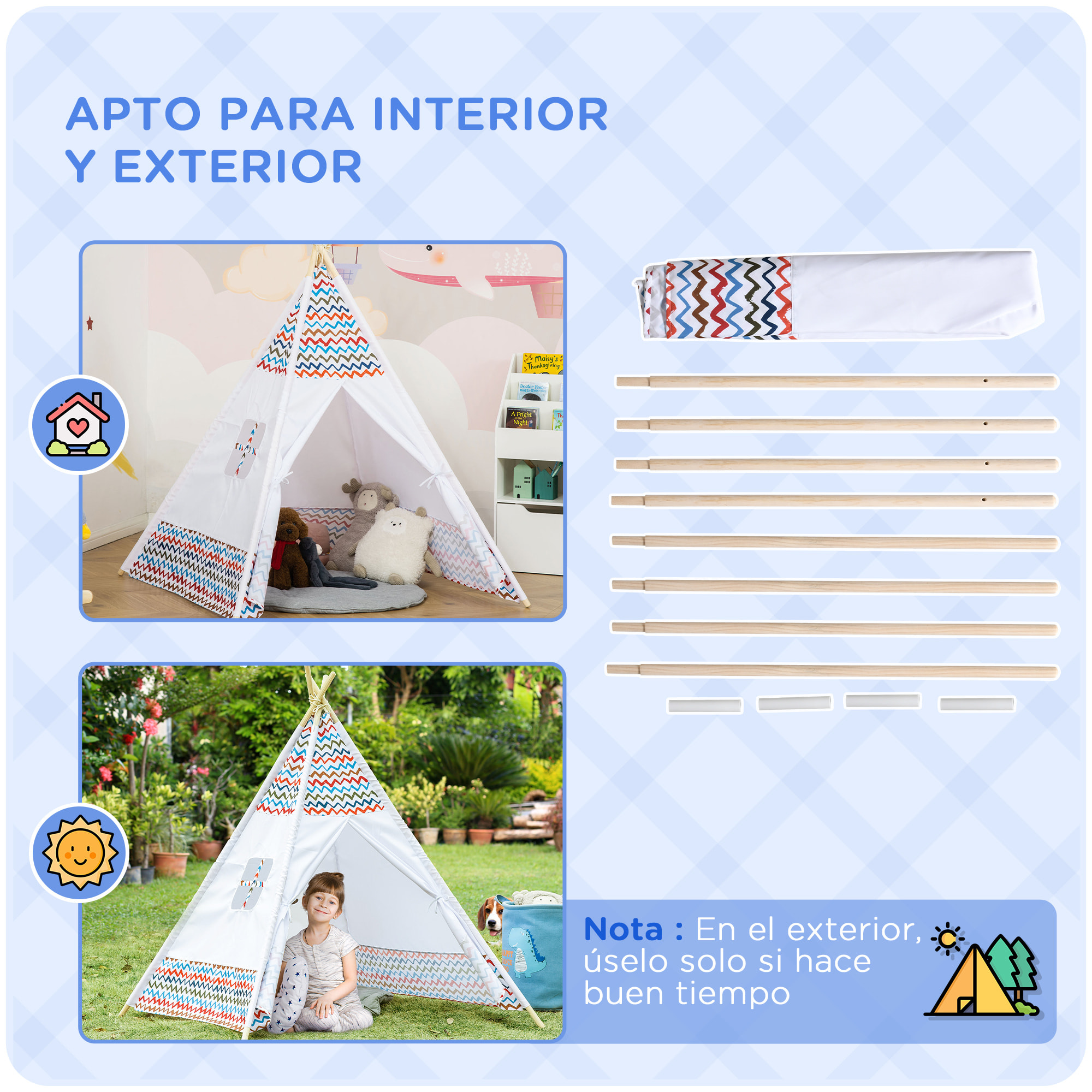 Tienda de Campaña para Niños de +3 Años Tipi Infantil de Madera Portátil con Ventana para Interiores y Exteriores 120x120x155 cm Blanco