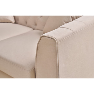 Canapé 2 places capitonné en tissu beige et bois clair MONTAIGNE