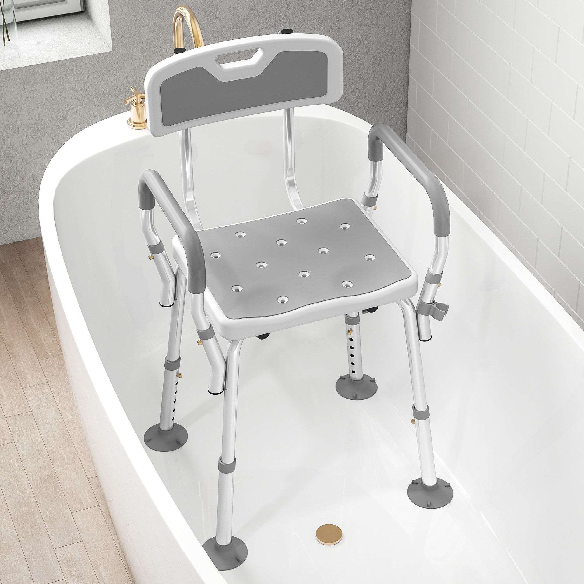 Chaise de douche siège de douche ergonomique hauteur réglable pieds antidérapants charge max. 136 Kg alu HDPE blanc gris