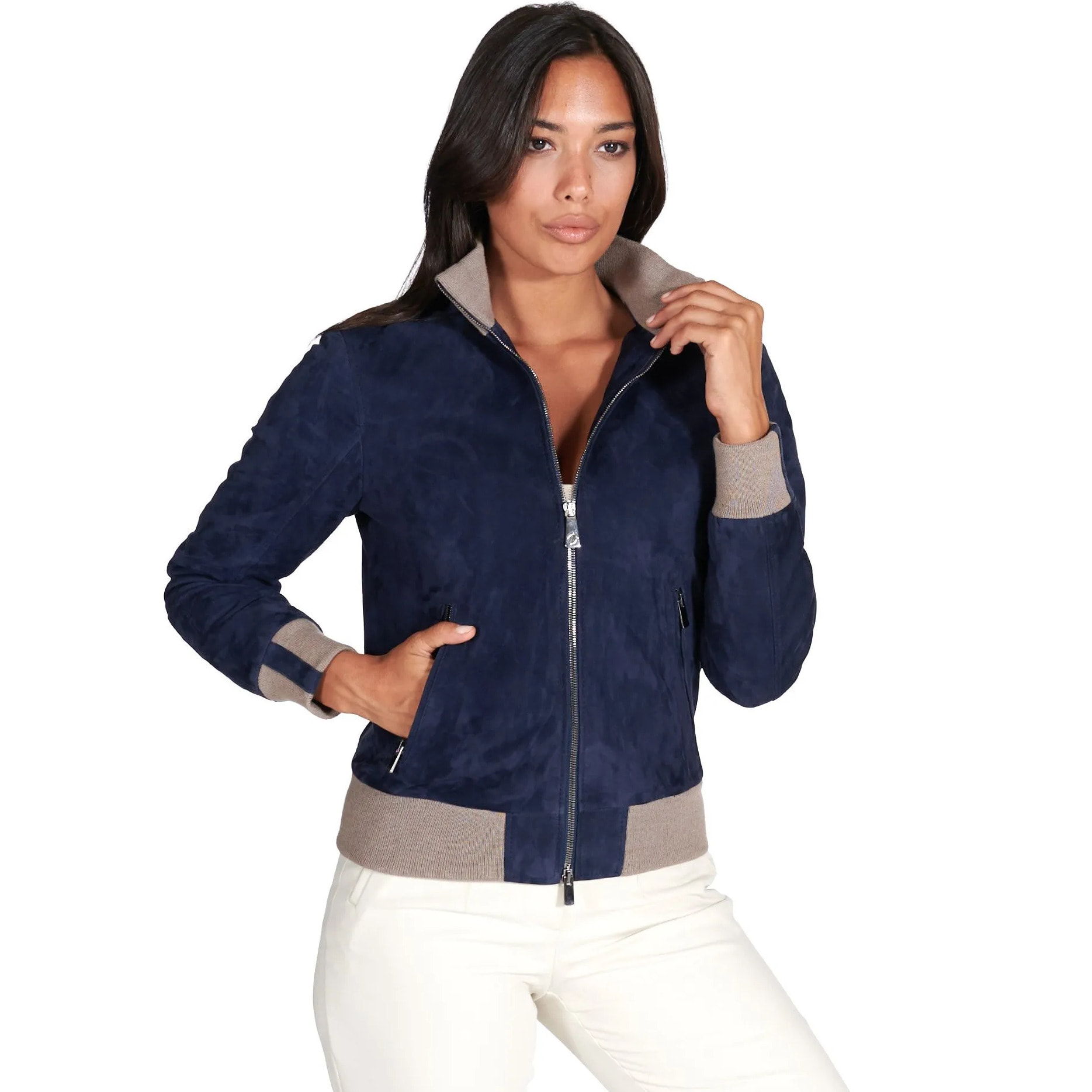 Bomber in pelle scamosciata blu collo in lana merino