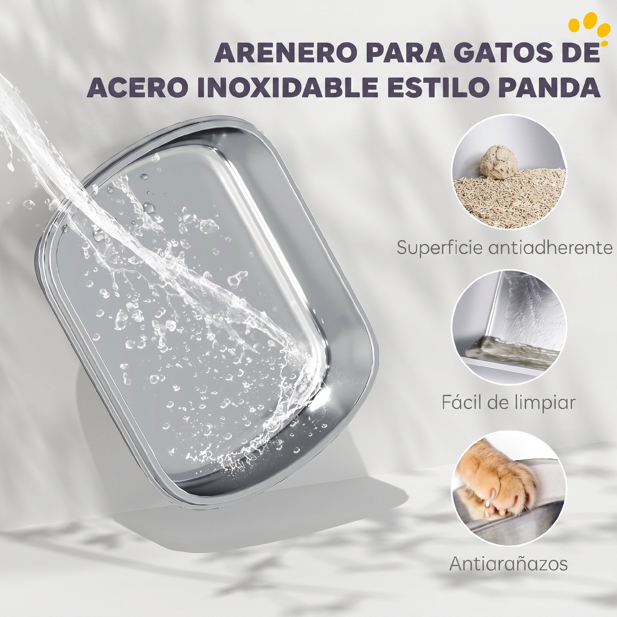 Arenero para Gatos Cubierto XL de Acero Inoxidable, Caja de Arena para Gatos Grandes con Tapa Abatible, Pala, Bolsa Desodorante, Diseño de Panda, Fácil de Limpiar, Antifugas, Sin Olor, Negro