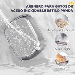 Arenero para Gatos Cubierto XL de Acero Inoxidable, Caja de Arena para Gatos Grandes con Tapa Abatible, Pala, Bolsa Desodorante, Diseño de Panda, Fácil de Limpiar, Antifugas, Sin Olor, Negro