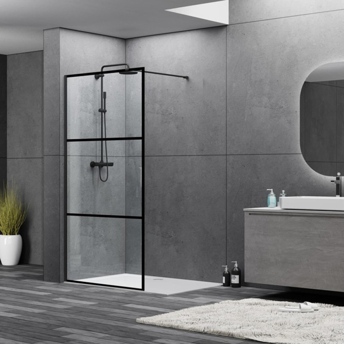 Walk-In set complet paroi de douche à l'italienne 90 cm, anti-calcaire, verre transparent, noir (SIKOWI90CP-SET)