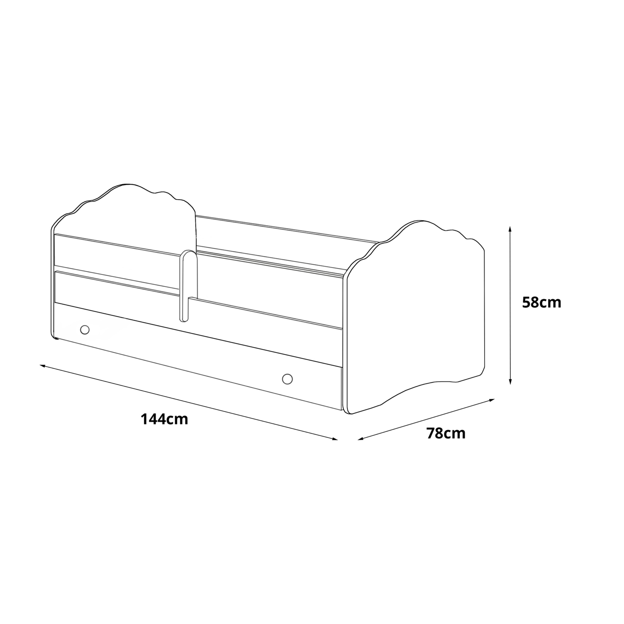 Letto singolo per bambini, Lettino con cassettone e protezione anticaduta e testiera a "nuvola", cm 144x78h58, colore Bianco