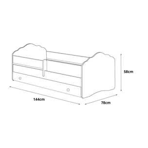 Letto singolo per bambini, Lettino con cassettone e protezione anticaduta e testiera a "nuvola", cm 144x78h58, colore Bianco