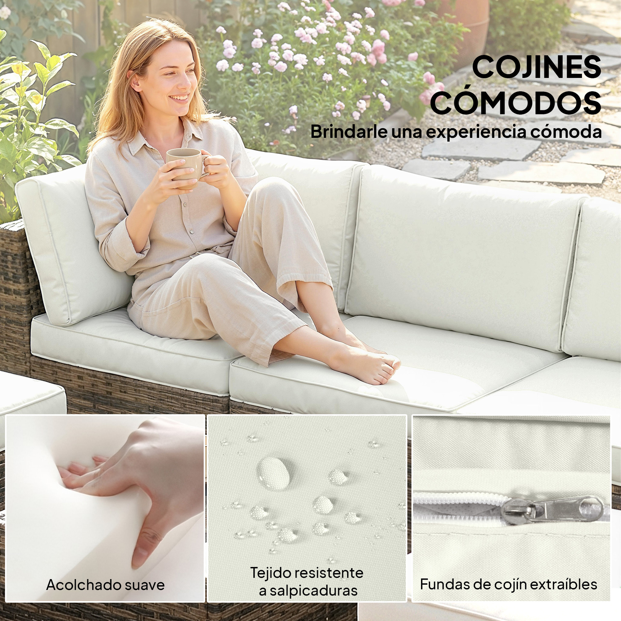 Conjunto de Jardín de Ratán de 6 Piezas, Conjunto Terraza Resistente, Muebles Jardín Exterior Incluye Cojines, 4 Módulos de Asiento, 1 Sofá Esquinero y Mesa Centro de Vidrio, Amarillo Mixto