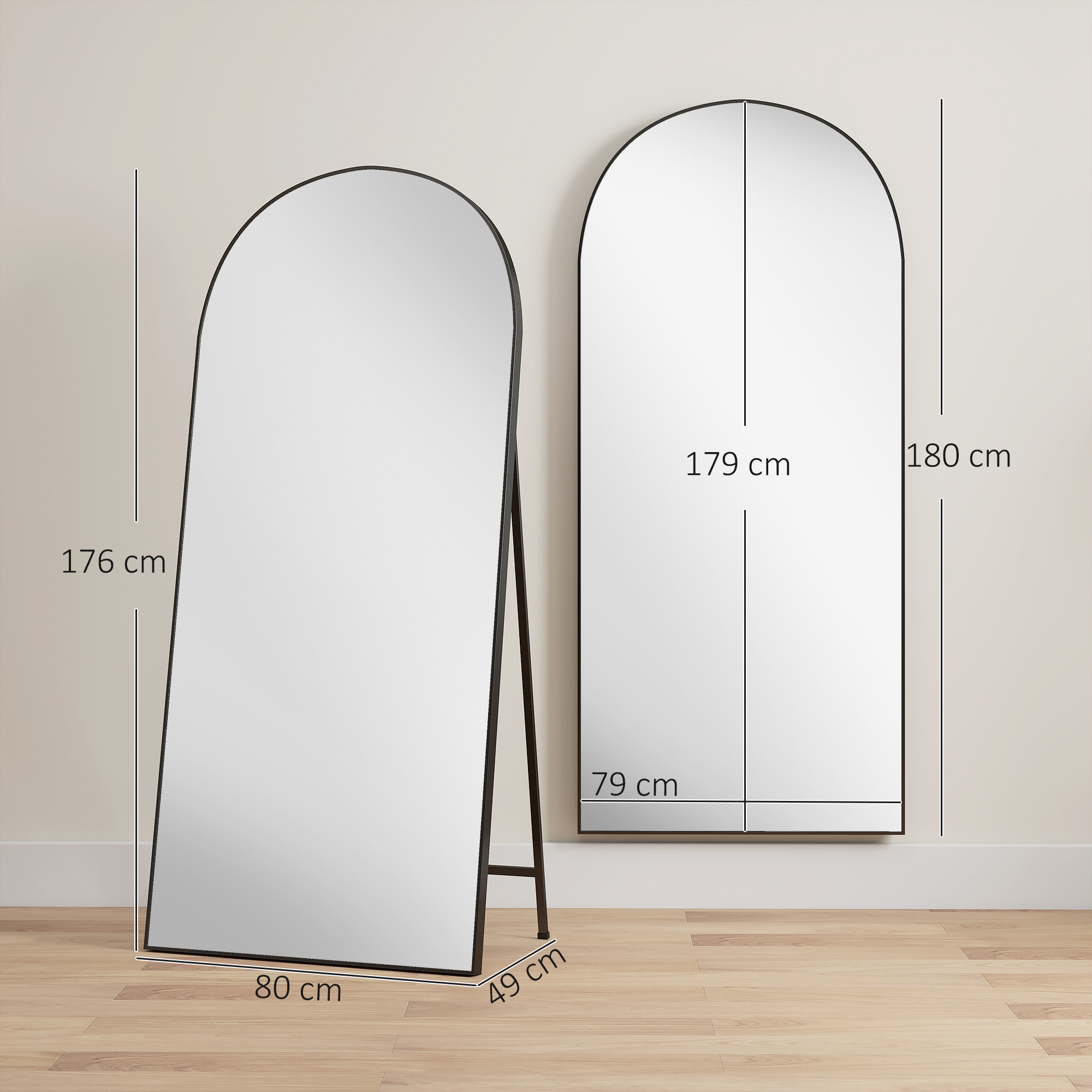 Espejo de Cuerpo Entero, 180x80 cm, Espejo de Pie Arqueado, Marco de Aluminio Negro, Independiente, Apoyado y de Pared, para Dormitorio, Salón