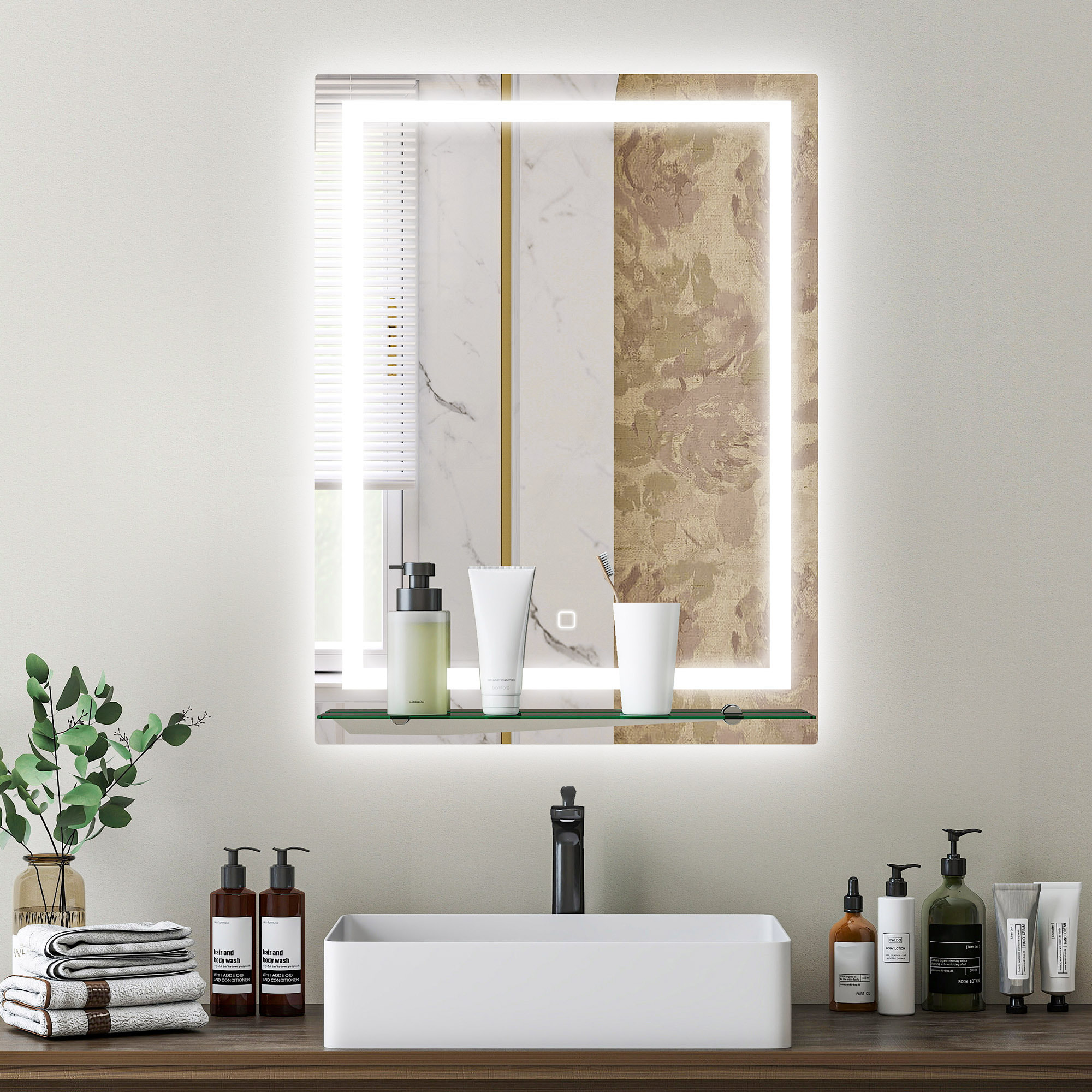 Espejo de Baño con Luces LED, 60x80 cm, Espejo de Pared, 3 Colores de Luz, Brillo Regulable, Estante de Vidrio, Función de Memoria, Interruptor Táctil, IP44, Vertical