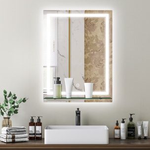 Espejo de Baño con Luces LED, 60x80 cm, Espejo de Pared, 3 Colores de Luz, Brillo Regulable, Estante de Vidrio, Función de Memoria, Interruptor Táctil, IP44, Vertical