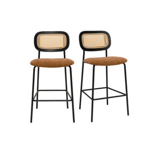 Tabourets design en tissu effet velours texturé terre brulée, métal noir et cannage rotin (lot de 2) MIRANDA